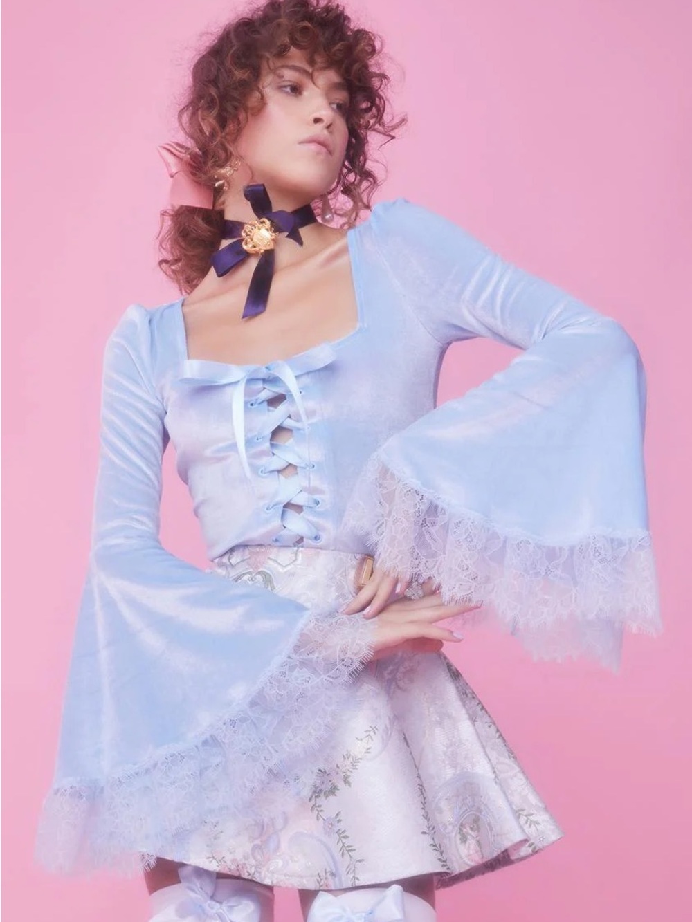 DREAMS DO COME TRUE VELVET TOP Blue Lace-Trim Tie-Front long sleeve never worn